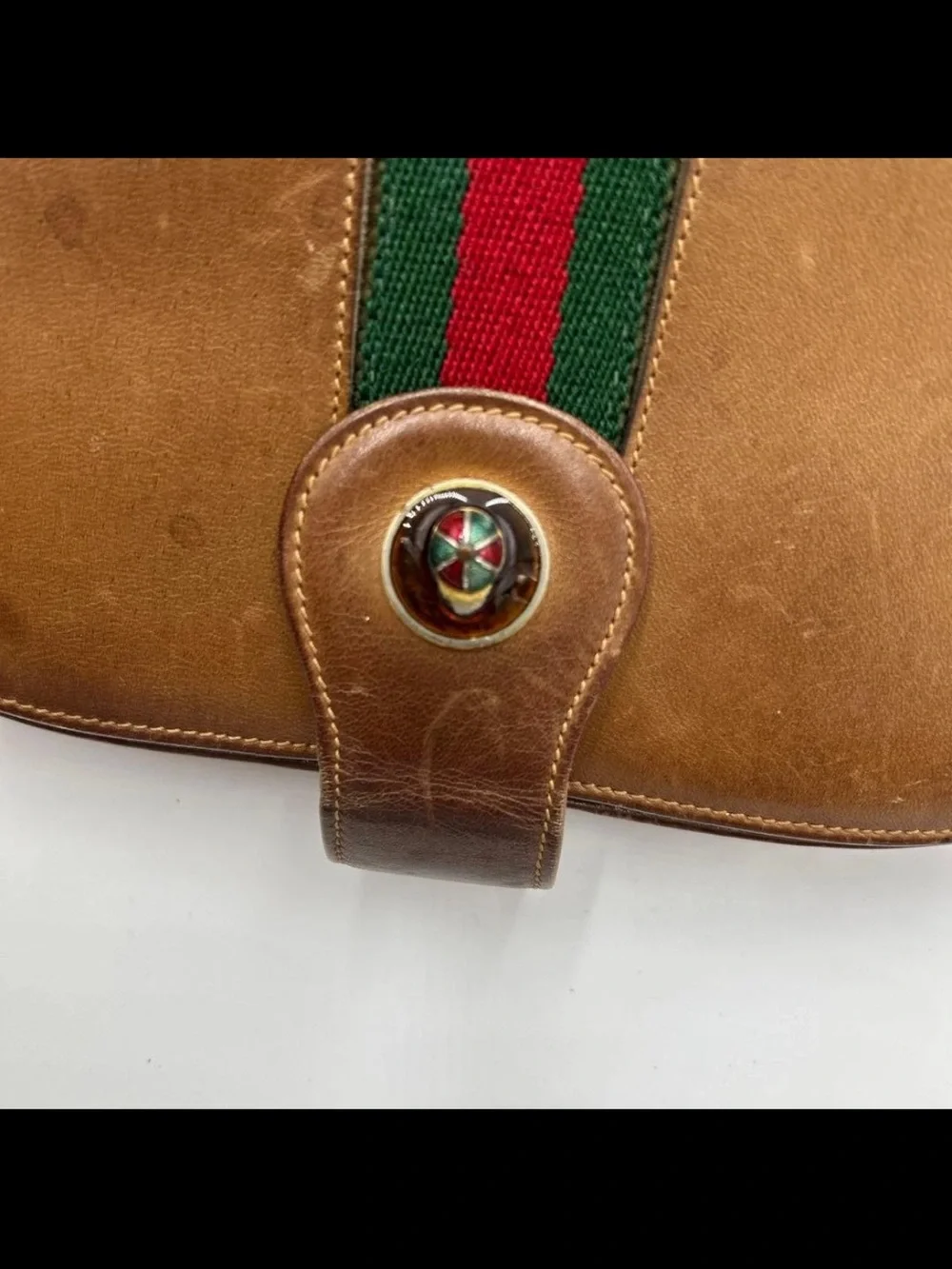 Gucci Brown Leather Clutch with Signature Green and Red Web